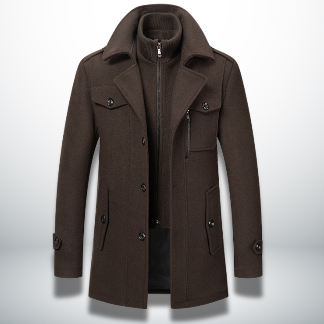 Dark brown men's wool-blend coat featuring a double collar, inner zip layer, button-front closure, and chest pocket.