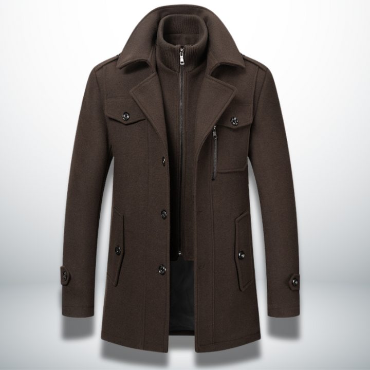 Dark brown men's wool-blend coat featuring a double collar, inner zip layer, button-front closure, and chest pocket.