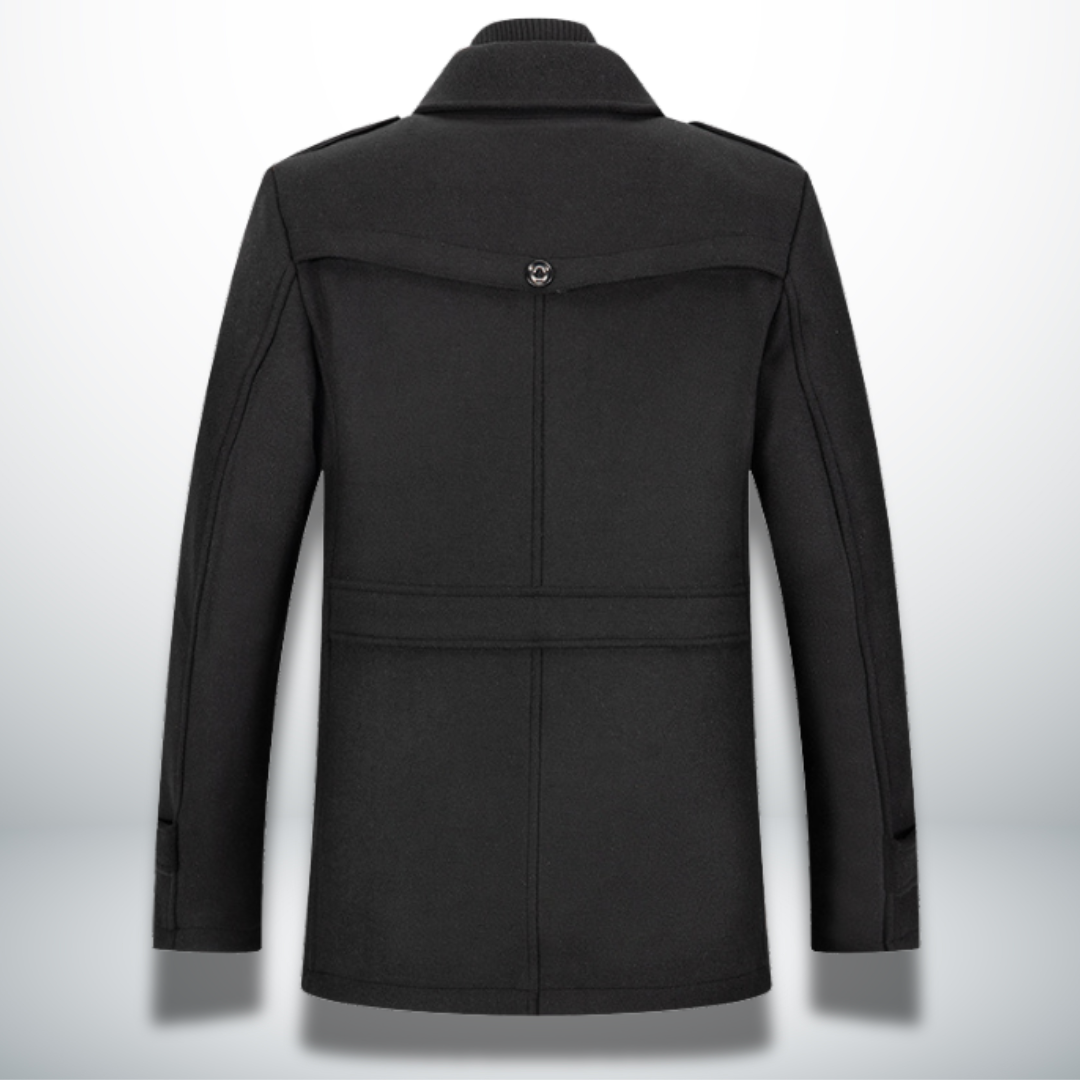 Back view of a black men's wool-blend coat featuring a structured collar, buttoned back detail, and tailored seams.
