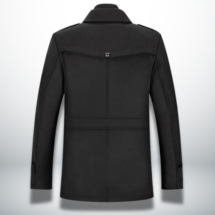 Back view of a black men's wool-blend coat featuring a structured collar, buttoned back detail, and tailored seams.