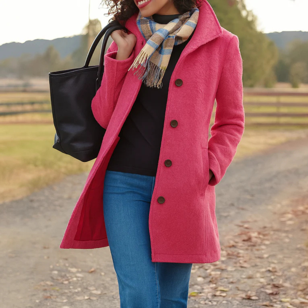 Woman wearing a vibrant pink mid-length button-up winter coat with a structured collar, paired with a plaid scarf and black bag.
