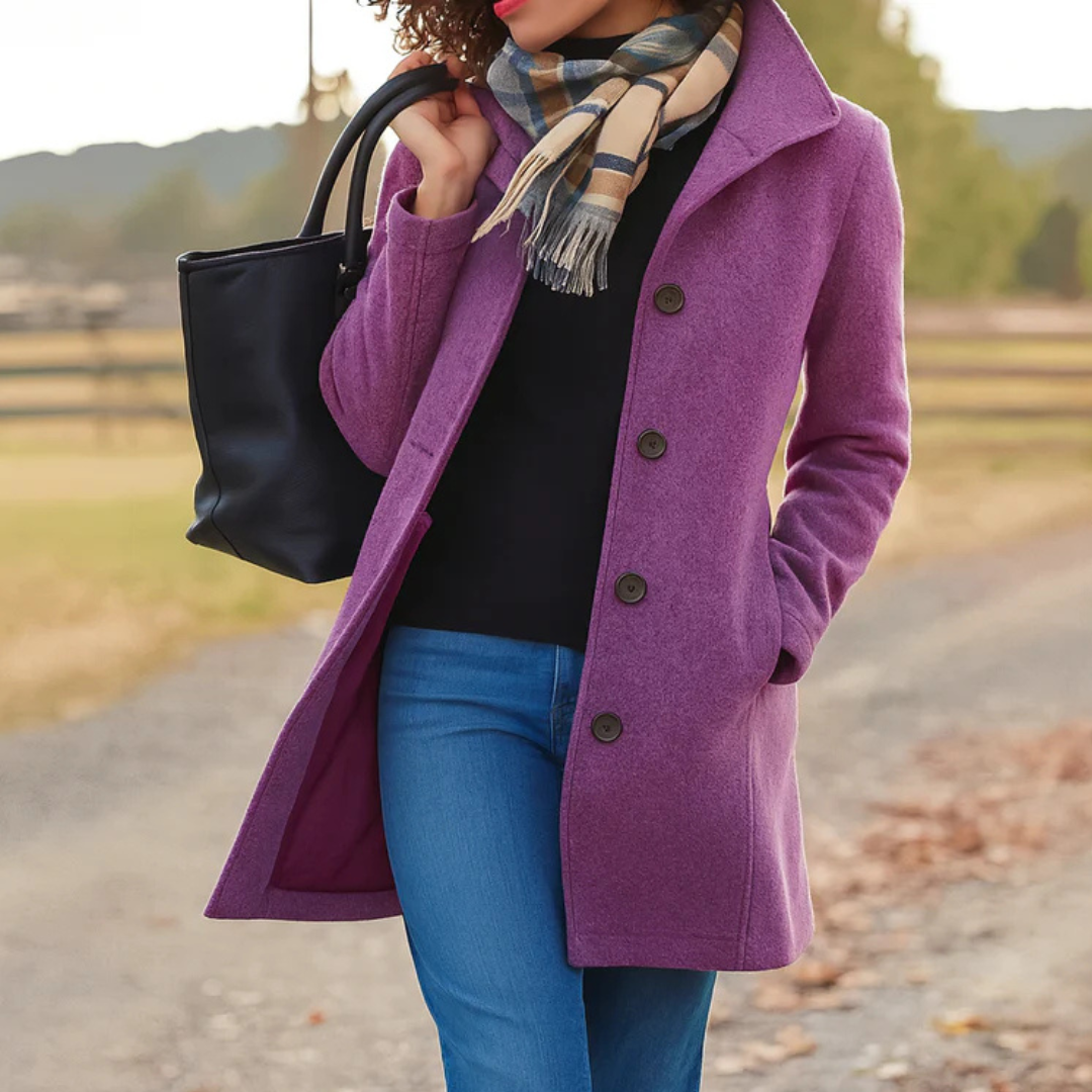 Purple mid-length wool-blend button-up coat with a turn-down collar, side pockets, and a structured single-breasted fit.