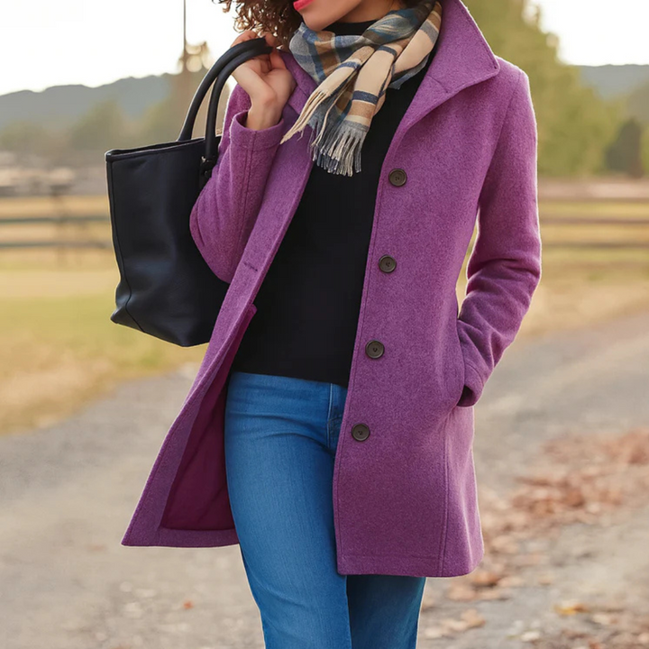 Purple mid-length wool-blend button-up coat with a turn-down collar, side pockets, and a structured single-breasted fit.