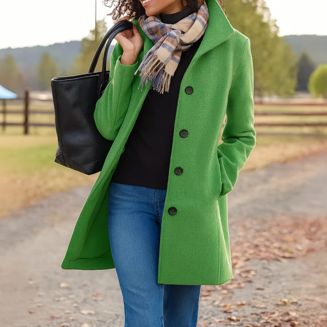 Woman wearing a vibrant green mid-length button-up winter coat with a structured collar, side pockets, and a black leather tote.