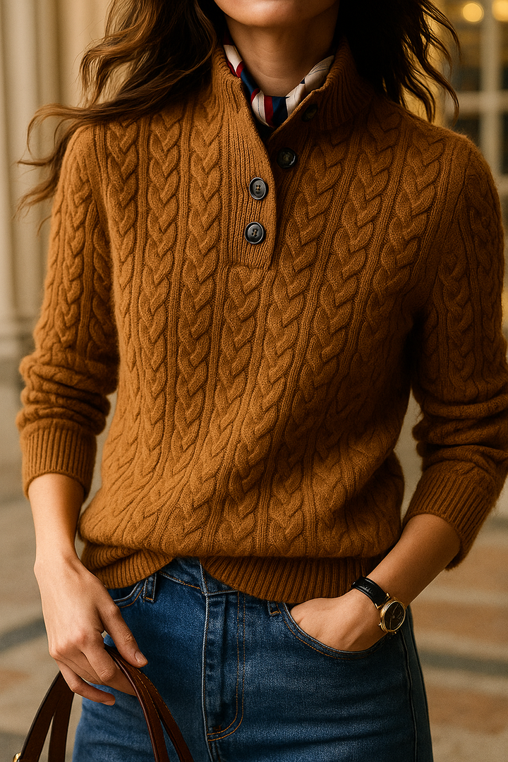 Ellie | Women's Cable Knit Button-Neck Jumper