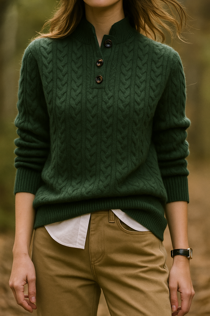 Ellie | Women's Cable Knit Button-Neck Jumper