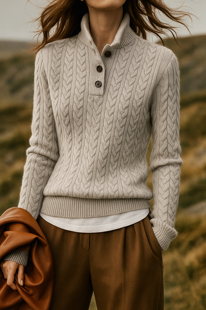 Ellie | Women's Cable Knit Button-Neck Jumper