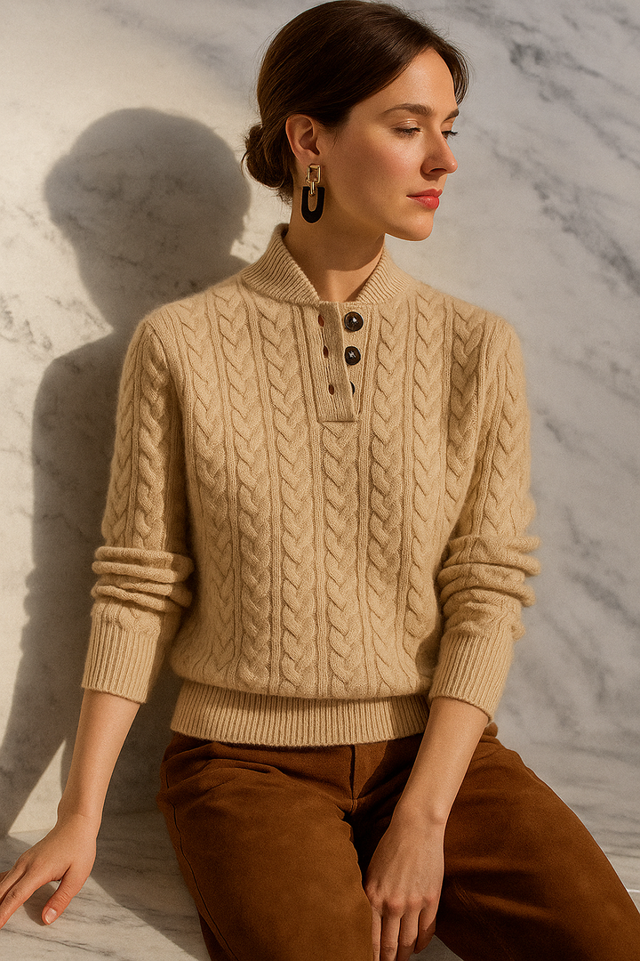 Ellie | Women's Cable Knit Button-Neck Jumper