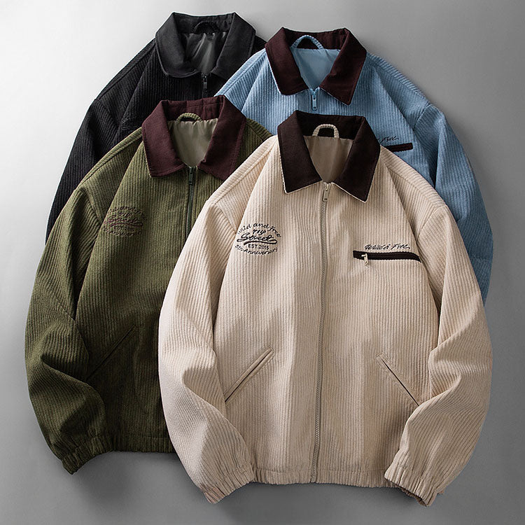 Four Elliot men's corduroy zip-up jackets in black, blue, olive, and beige with contrast collars and embroidered chest details.