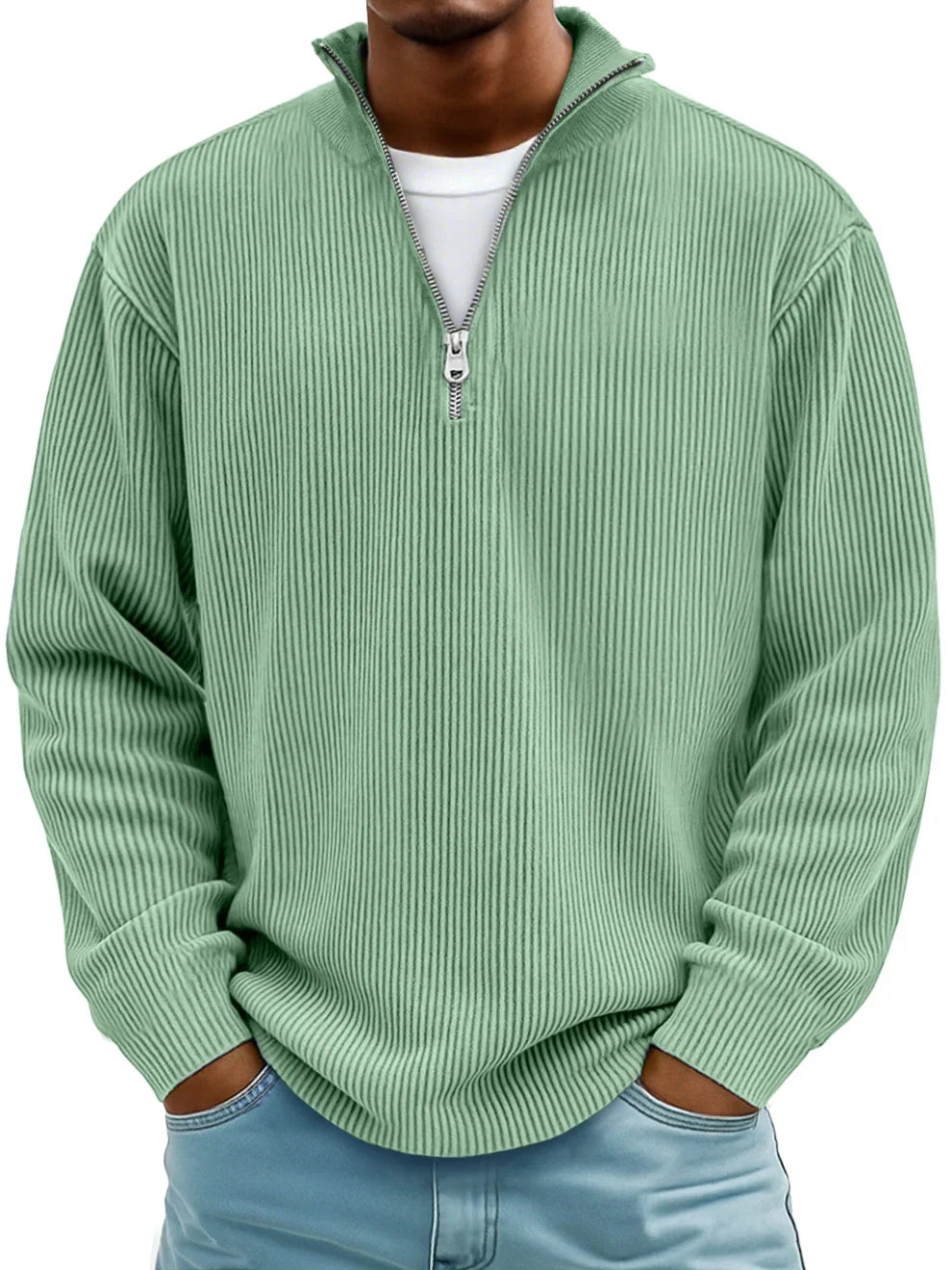 Sage green men's ribbed half-zip sweater with a stand collar and relaxed fit.