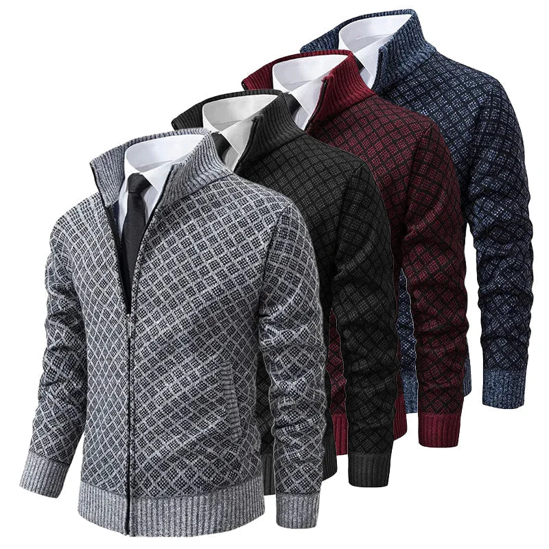 Men's diamond-textured zip-up cardigans with stand collars in grey, black, burgundy, and navy blue.