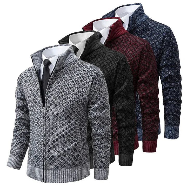 Men's diamond-textured zip-up cardigans with stand collars in grey, black, burgundy, and navy blue.