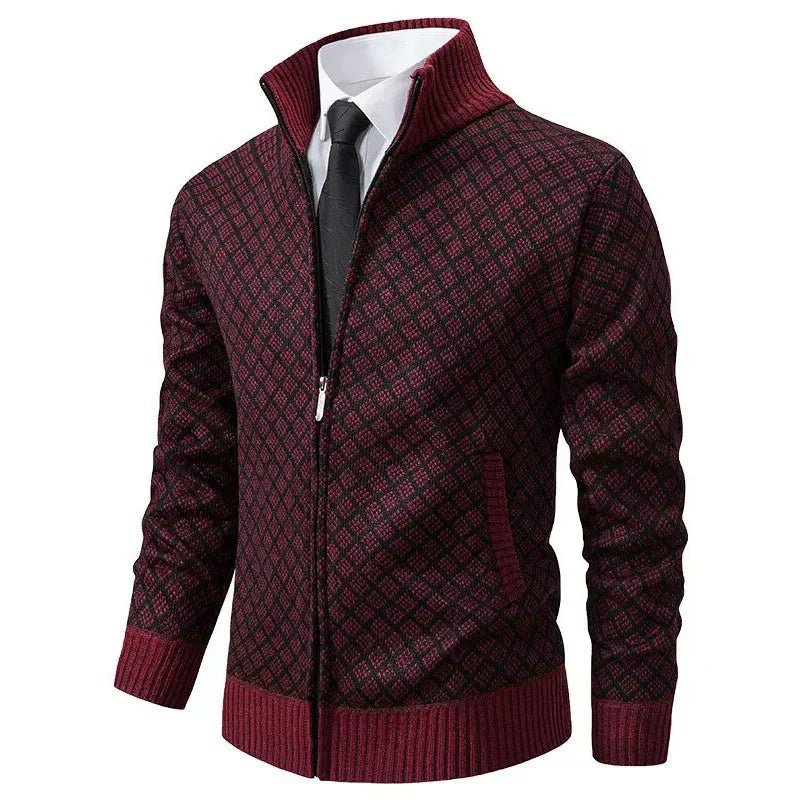Men's burgundy and black diamond-textured knit zip-up cardigan with a stand collar and ribbed hem.