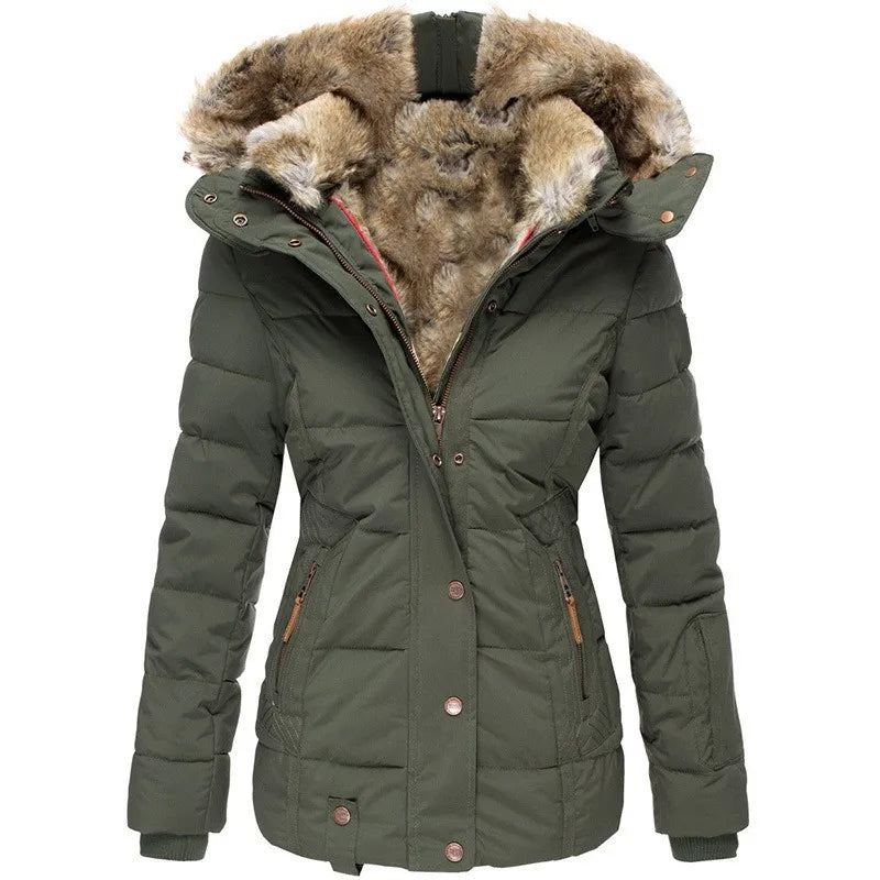 Olive green padded parka with a faux fur-lined hood, tailored waist, and zip-up front closure.