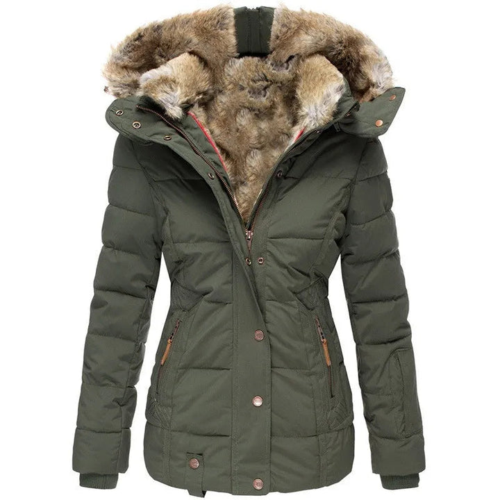 Olive green padded parka with a faux fur-lined hood, tailored waist, and zip-up front closure.