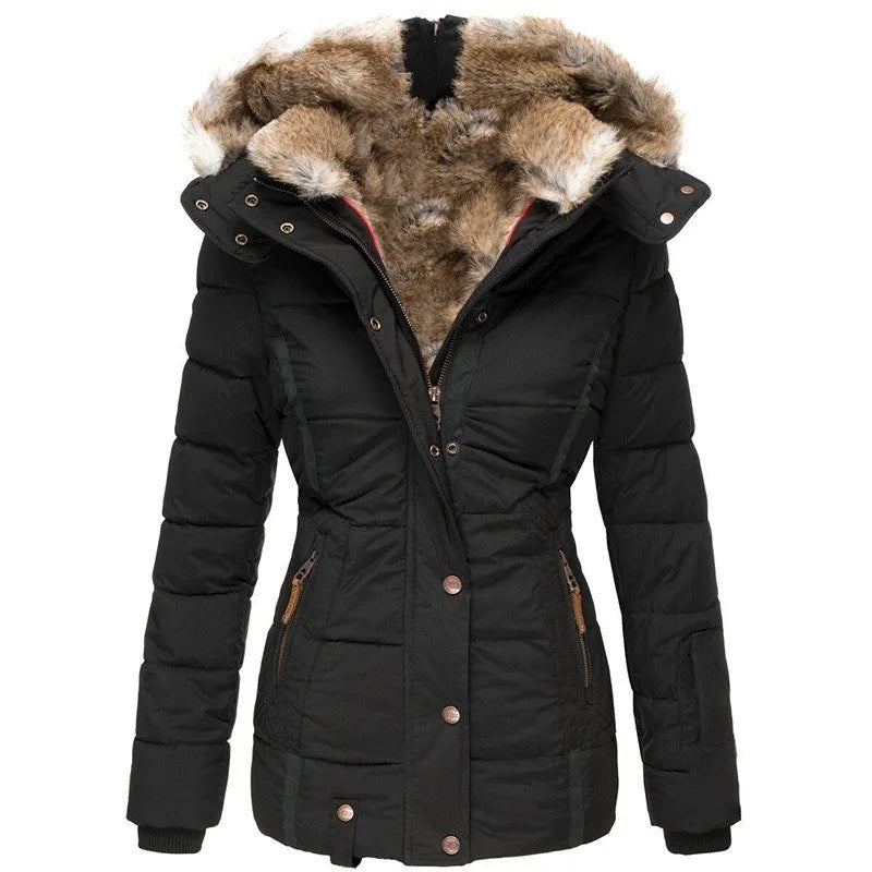 Black quilted parka jacket for women with a faux fur-lined hood, tailored waist, and front zip and press-stud closure.