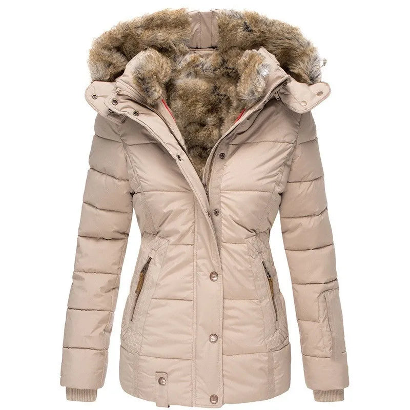 Beige padded parka jacket for women featuring a faux fur-lined hood, tailored waist, and zip-up front with press studs.