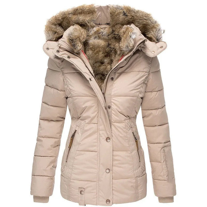 Beige padded parka jacket for women featuring a faux fur-lined hood, tailored waist, and zip-up front with press studs.
