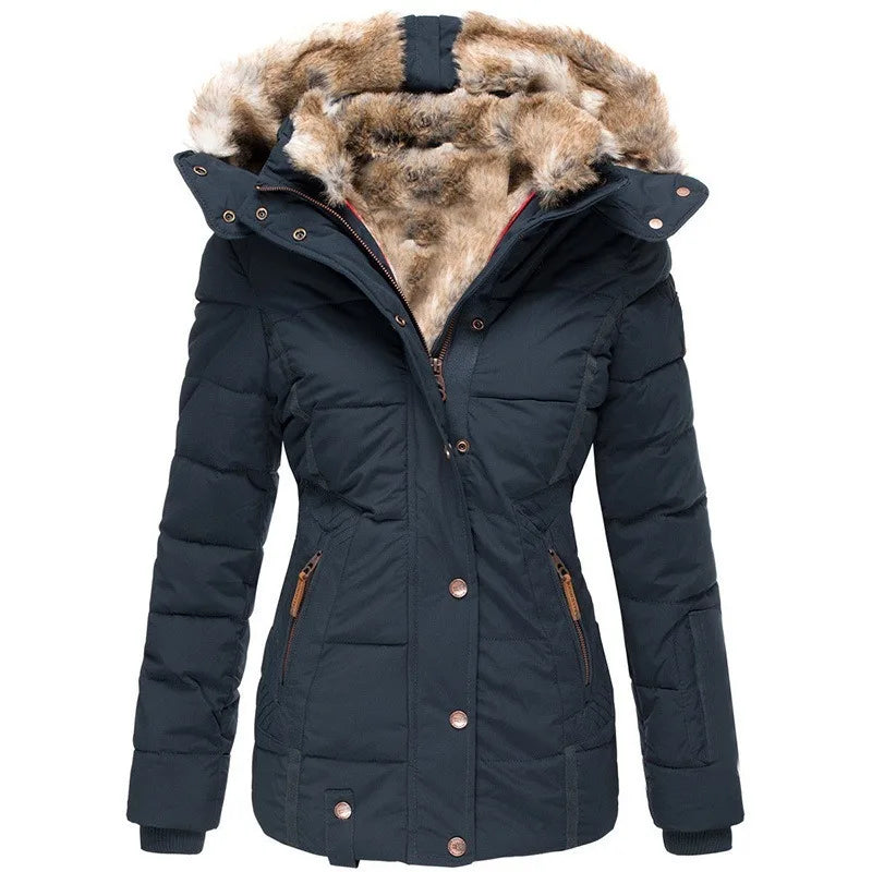 Navy blue women's padded parka with a faux fur-lined hood, tailored waist, and zip-up front with press-stud closures.
