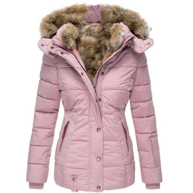 Dusty pink padded parka jacket with a faux fur-lined hood, zip and press-stud closure, and a flattering tailored waist.