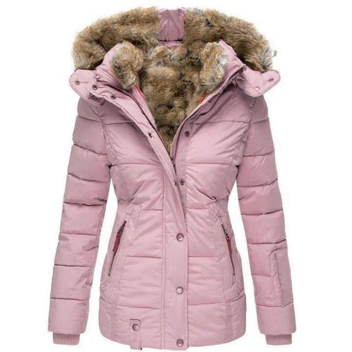 Dusty pink padded parka jacket with a faux fur-lined hood, zip and press-stud closure, and a flattering tailored waist.