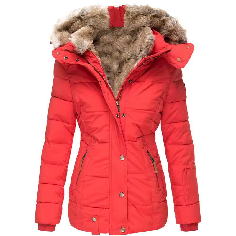 Red padded parka jacket with a faux fur-lined hood, fitted waist, zip pockets, and press-stud front closure.