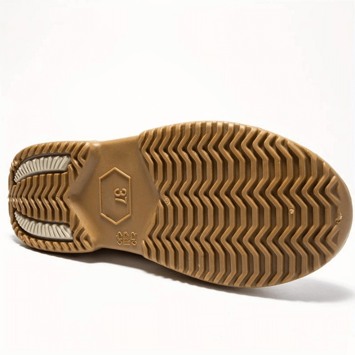 Tan waterproof Elodie rain boot sole featuring a chunky wave-tread pattern for superior grip on wet surfaces, size 37.
