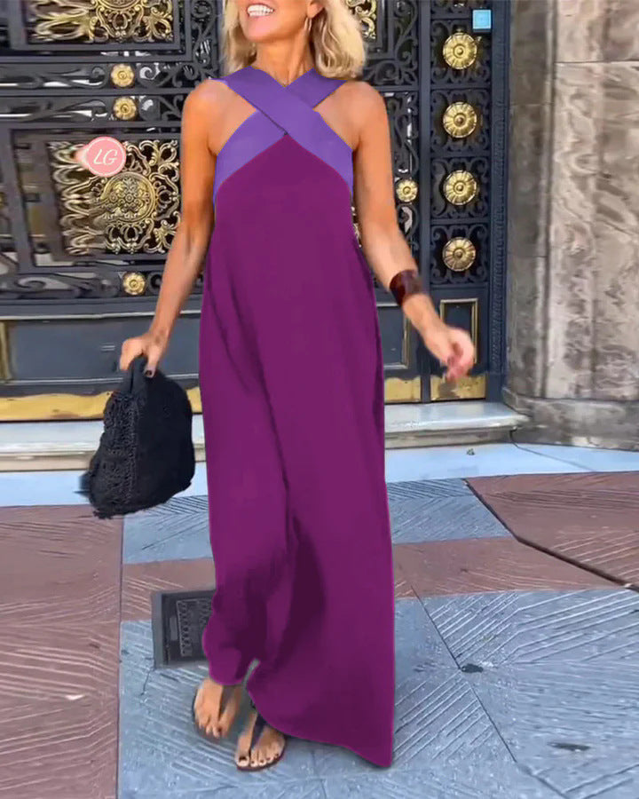 Elsie Women's Crossover Maxi Dress in flowing purple and lavender, perfect for breezy elegance.