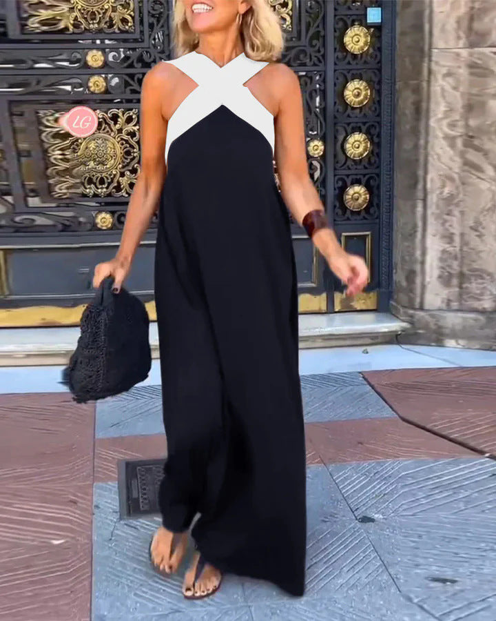 Elsie women's black and white crossover maxi dress, flowing and elegant for warm weather.
