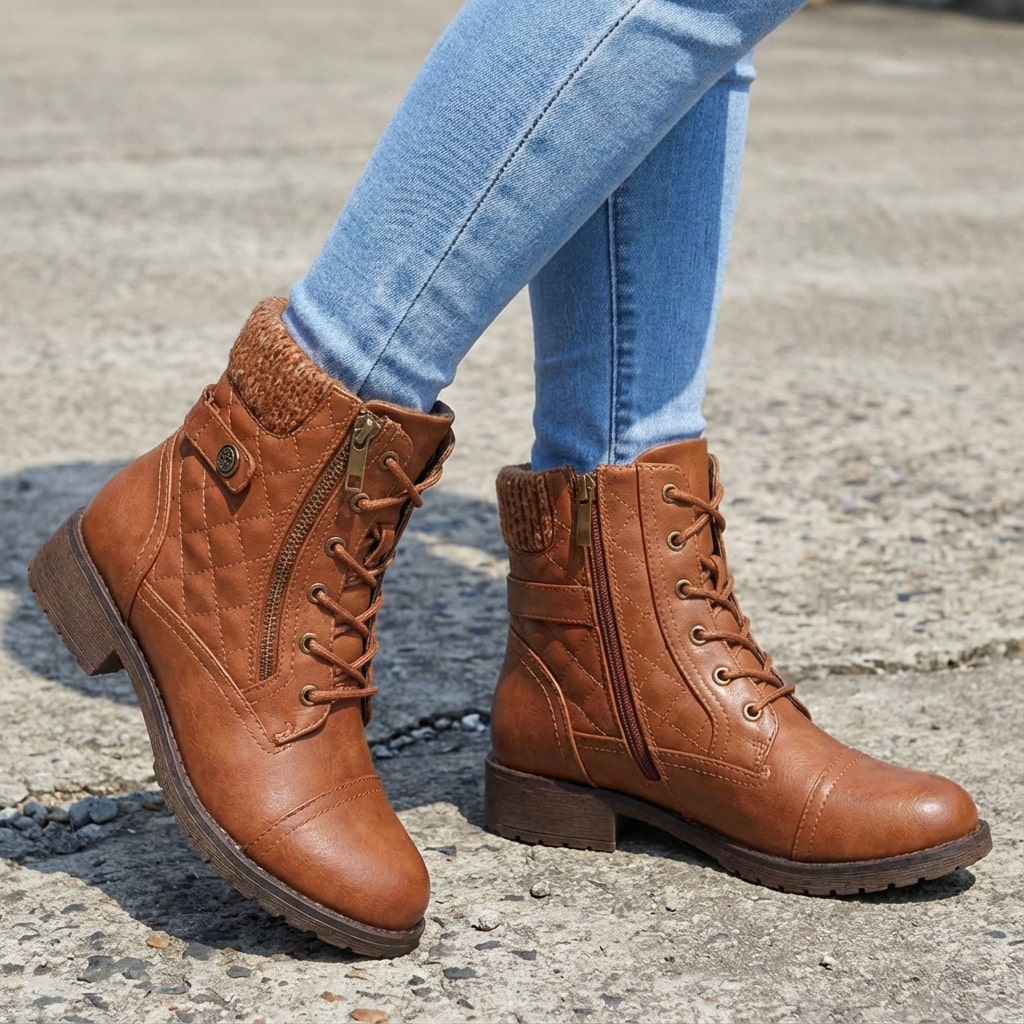 Tan faux leather ankle boots featuring quilted panels, a cozy knitted collar, lace-up front, and a convenient side zip.
