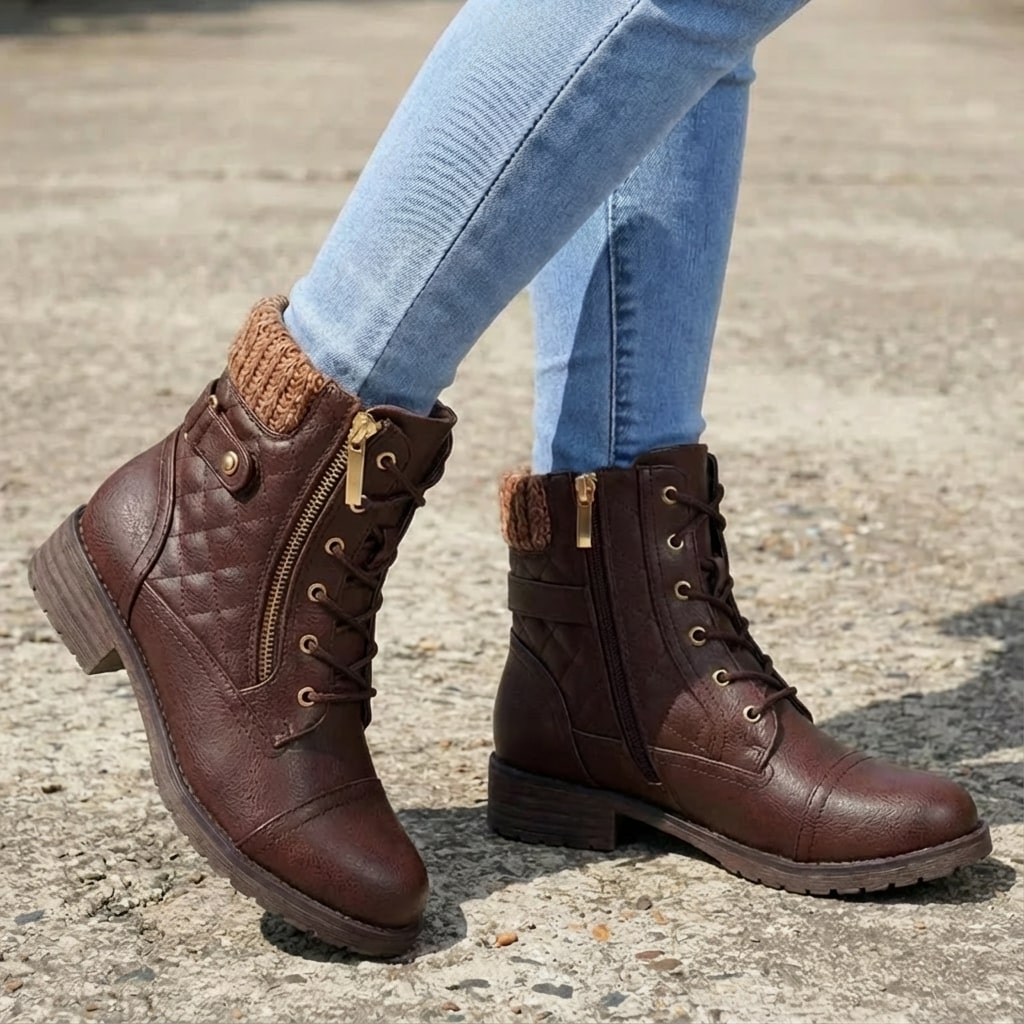 Brown faux leather ankle boots featuring quilted panels, a cozy knitted collar, lace-up front, and convenient side zip.