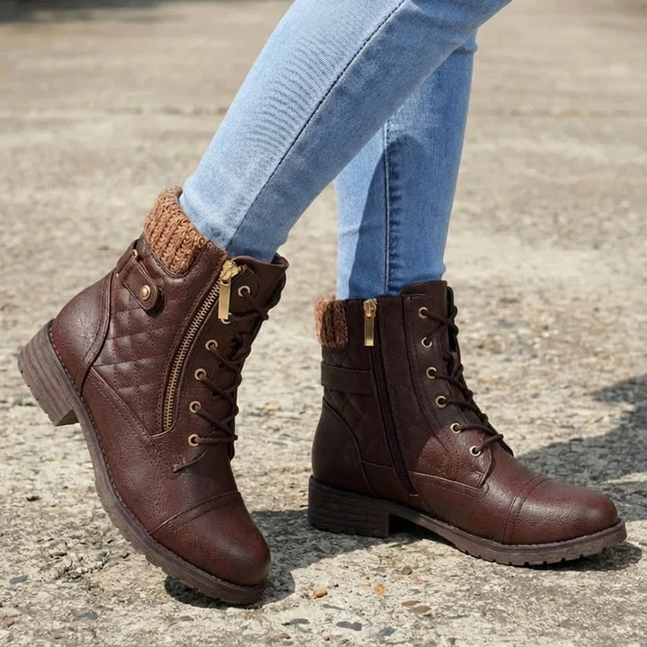 Brown faux leather ankle boots featuring quilted panels, a cozy knitted collar, lace-up front, and convenient side zip.