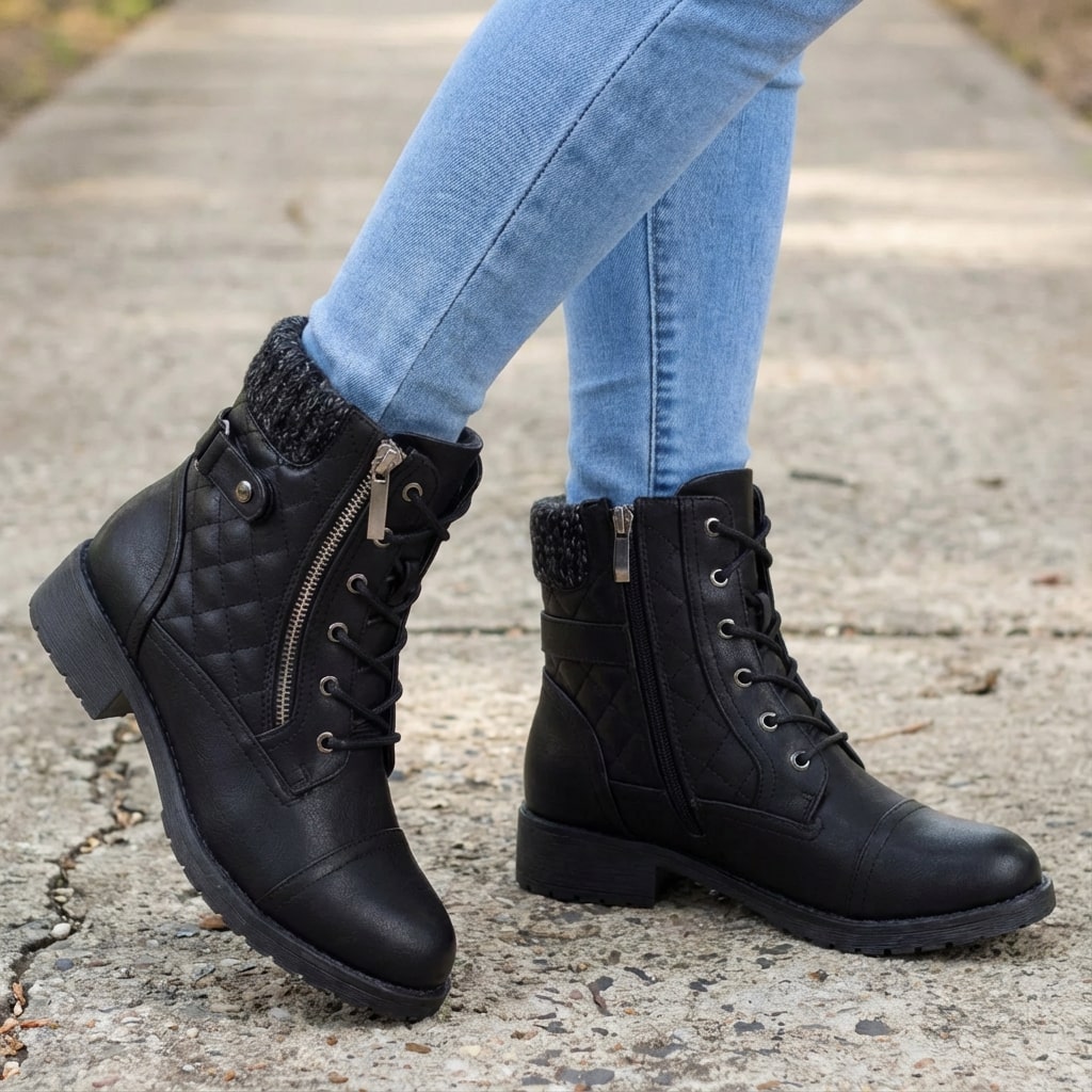 Black faux leather ankle boots with quilted panels, lace-up front, side zip, and a cozy knitted collar on a chunky block heel.
