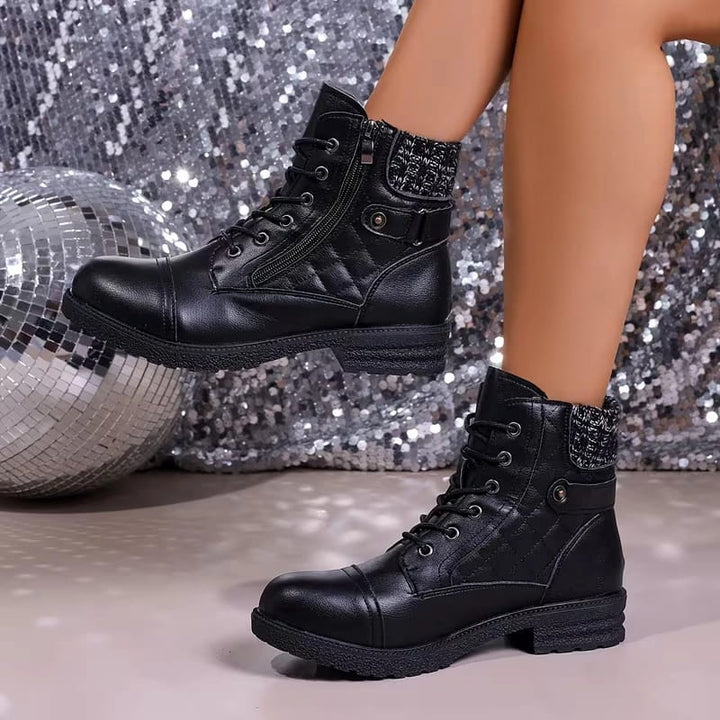 Black faux leather ankle boots featuring quilted panels, a cozy knitted collar, lace-up front, and a chunky block heel.