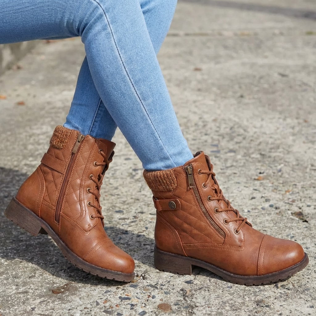 Tan faux leather ankle boots featuring quilted panels, a knitted collar, lace-up front, and a convenient side zip.