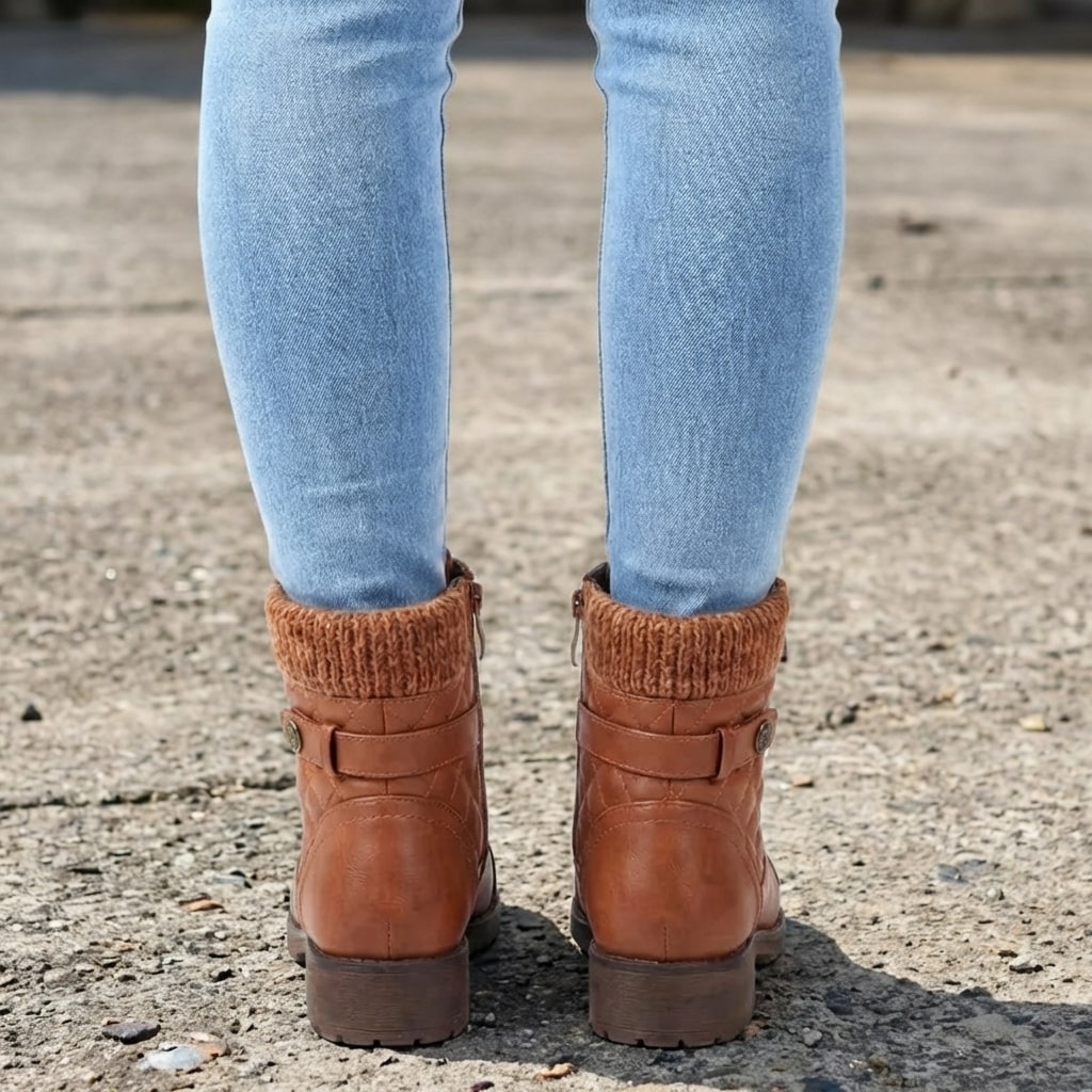 Tan faux leather ankle boots with quilted panels, a cozy knitted collar, and a sturdy block heel worn with jeans.