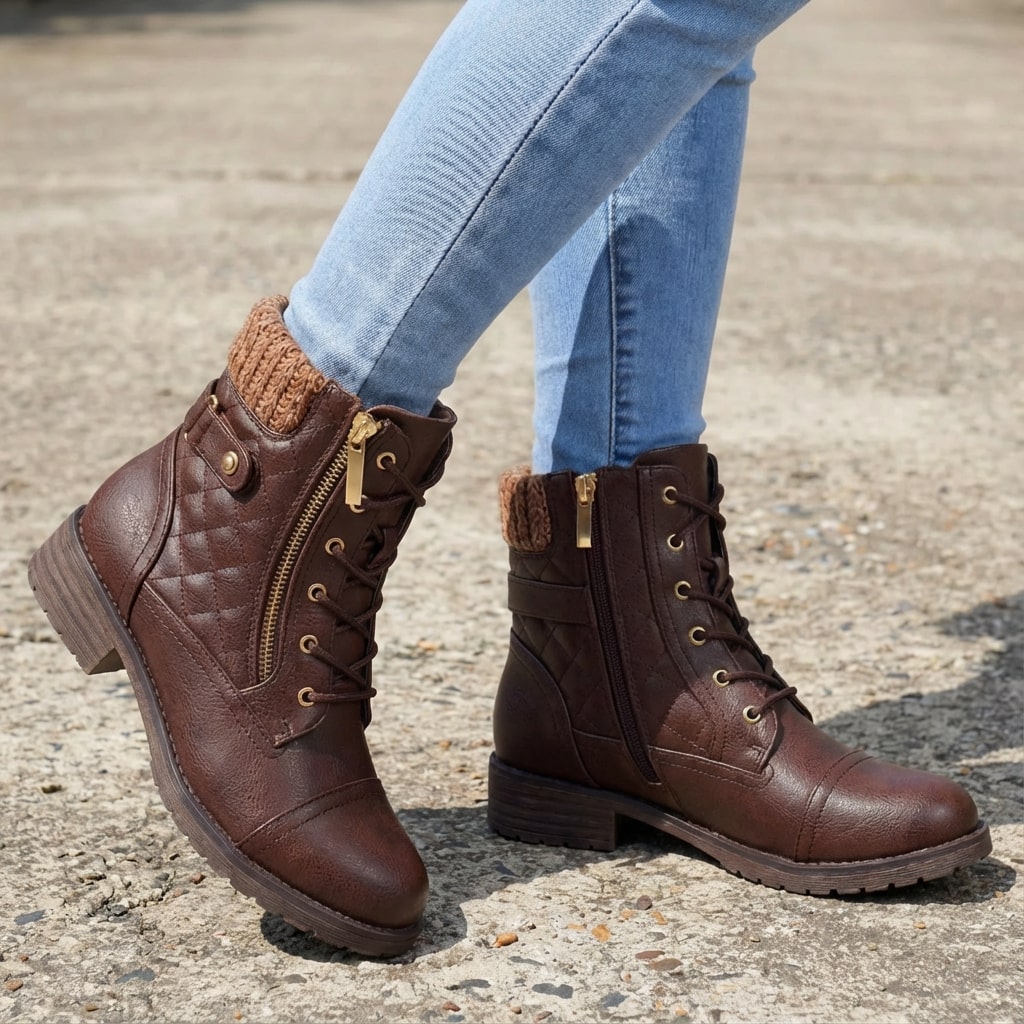 Brown faux leather ankle boots featuring quilted panels, a cozy knitted collar, lace-up front, and convenient side zip.