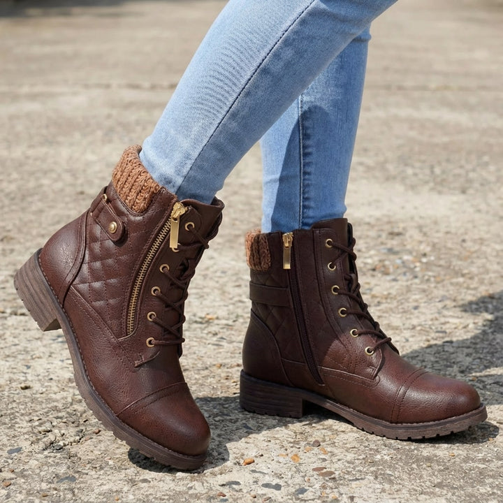 Brown faux leather ankle boots featuring quilted panels, a cozy knitted collar, lace-up front, and convenient side zip.