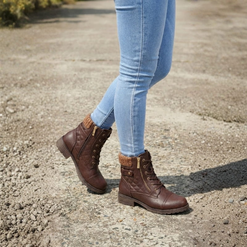 Brown faux leather ankle boots featuring quilted panels, a cozy knitted collar, lace-up front, and a practical side zip.
