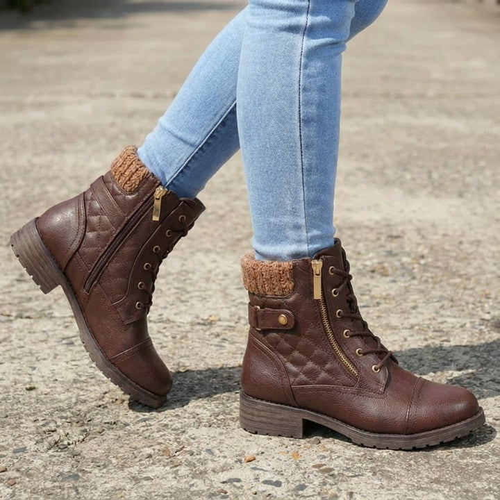 Brown faux leather ankle boots featuring quilted panels, a cozy knitted collar, lace-up front, and side zip closure.