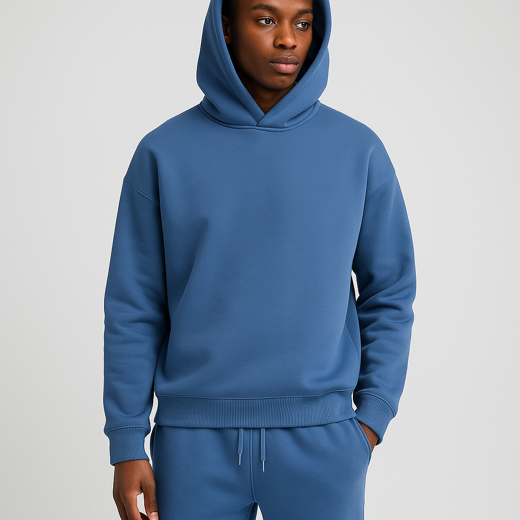 Man wearing a blue cotton-blend hoodie and matching drawstring joggers set.