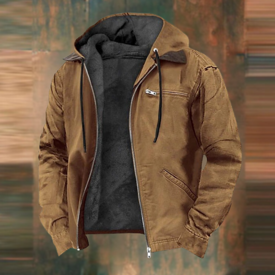 Men's brown fleece-lined winter jacket with a hooded collar, full-length zip closure, and a functional chest zip pocket.