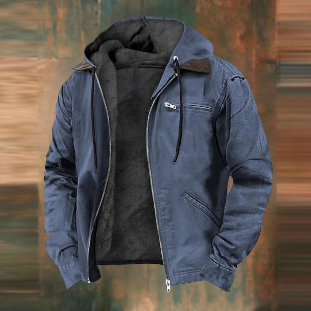 Blue men's fleece-lined winter jacket with a full-length zip, drawstring hood, and a functional chest zip pocket.