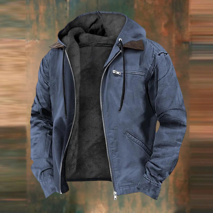 Blue men's fleece-lined winter jacket with a full-length zip, drawstring hood, and a functional chest zip pocket.