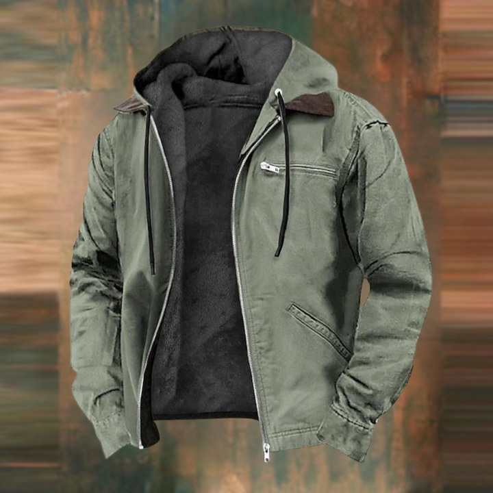 Olive green men's fleece-lined winter jacket with a hood, full-length zip closure, and a convenient chest zip pocket.