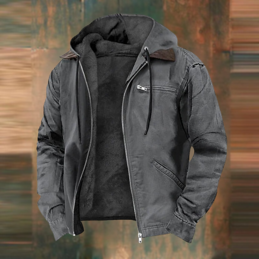Charcoal grey men's fleece-lined winter jacket with a full-length zip, drawstring hood, and a functional chest zip pocket.