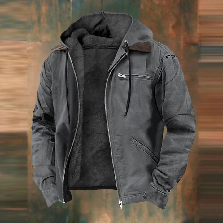 Charcoal grey men's fleece-lined winter jacket with a full-length zip, drawstring hood, and a functional chest zip pocket.