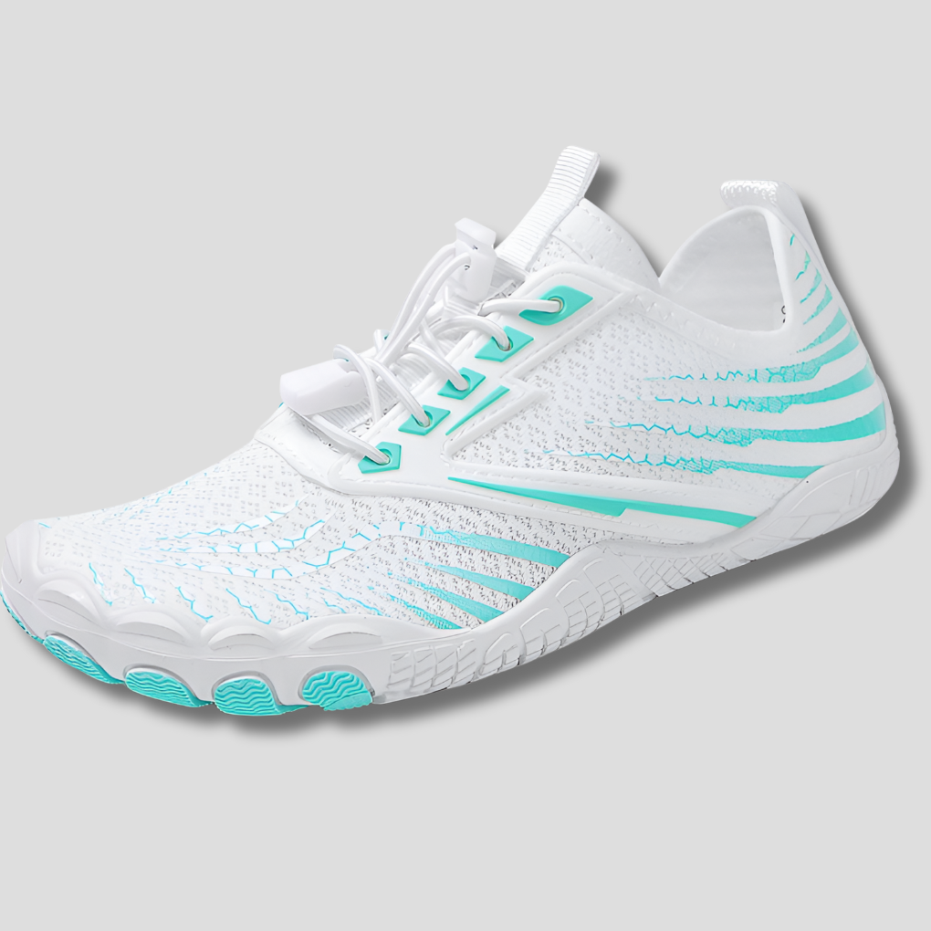 White lightweight barefoot walking shoe with breathable mesh, teal accents, and a secure bungee lace closure.