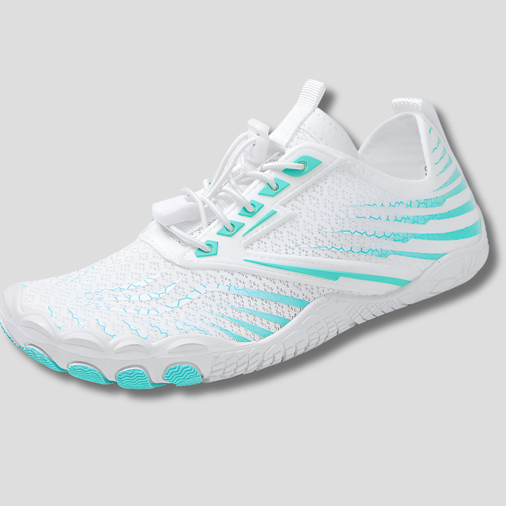 White lightweight barefoot walking shoe with breathable mesh, teal accents, and a secure bungee lace closure.