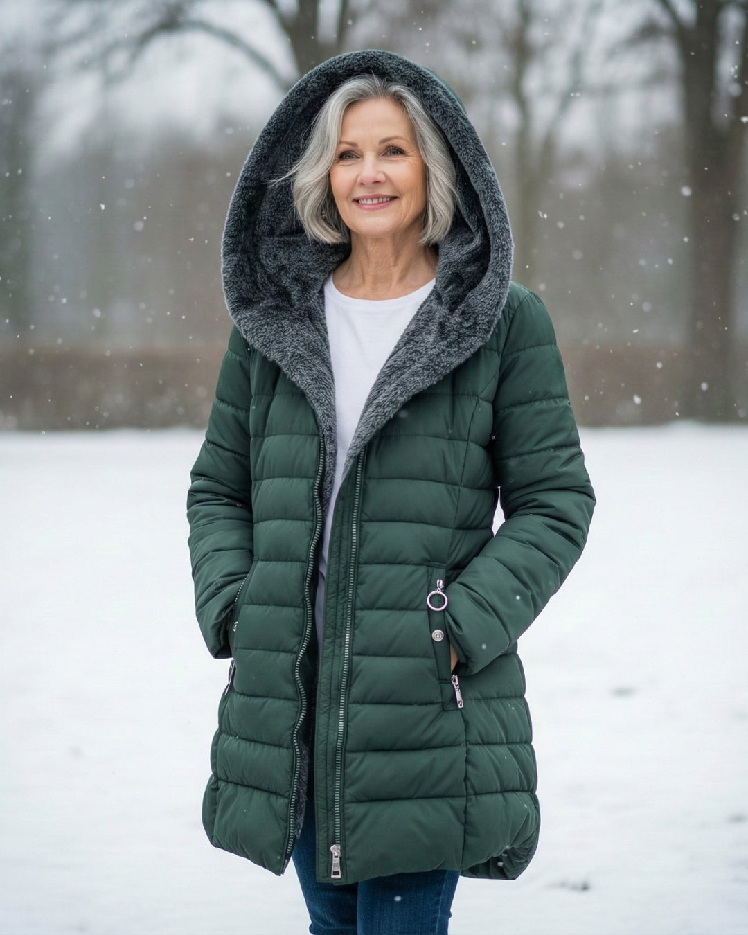 Woman wearing a longline, forest green quilted puffer coat with a cozy grey fleece-lined hood in the snow.